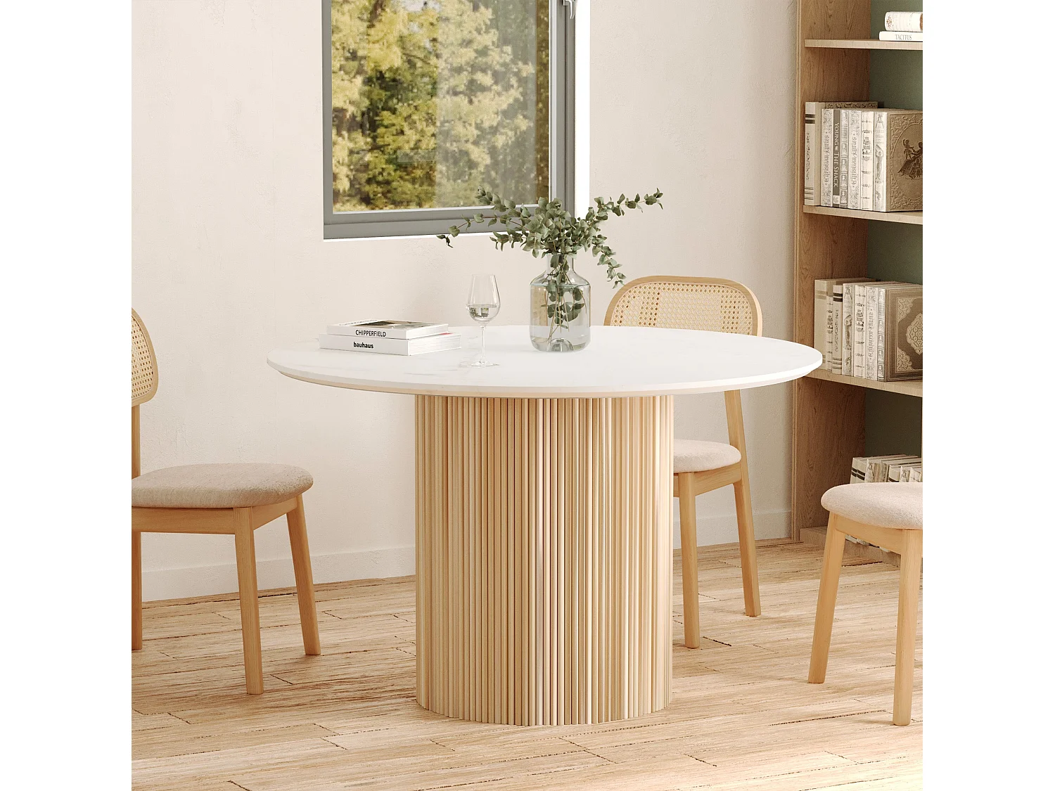 Table ronde 4 personnes en marbre blanc et bois de manguier D120 cm - Agathe