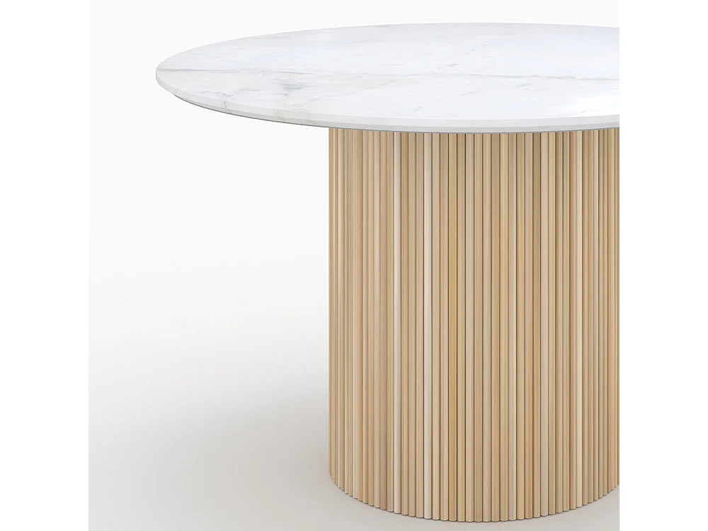 Table ronde 4 personnes en marbre blanc et bois de manguier D120 cm - Agathe