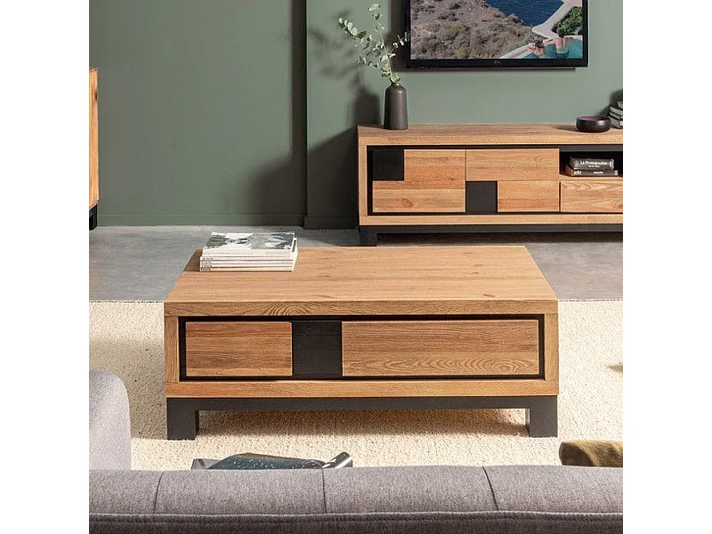 Table basse pin brossé carrés noirs ARAD