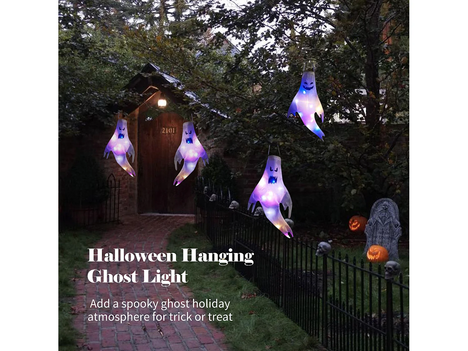 Grande décoration de lieu de fête d'Halloween avec visage souriant et fantôme coloré à LED