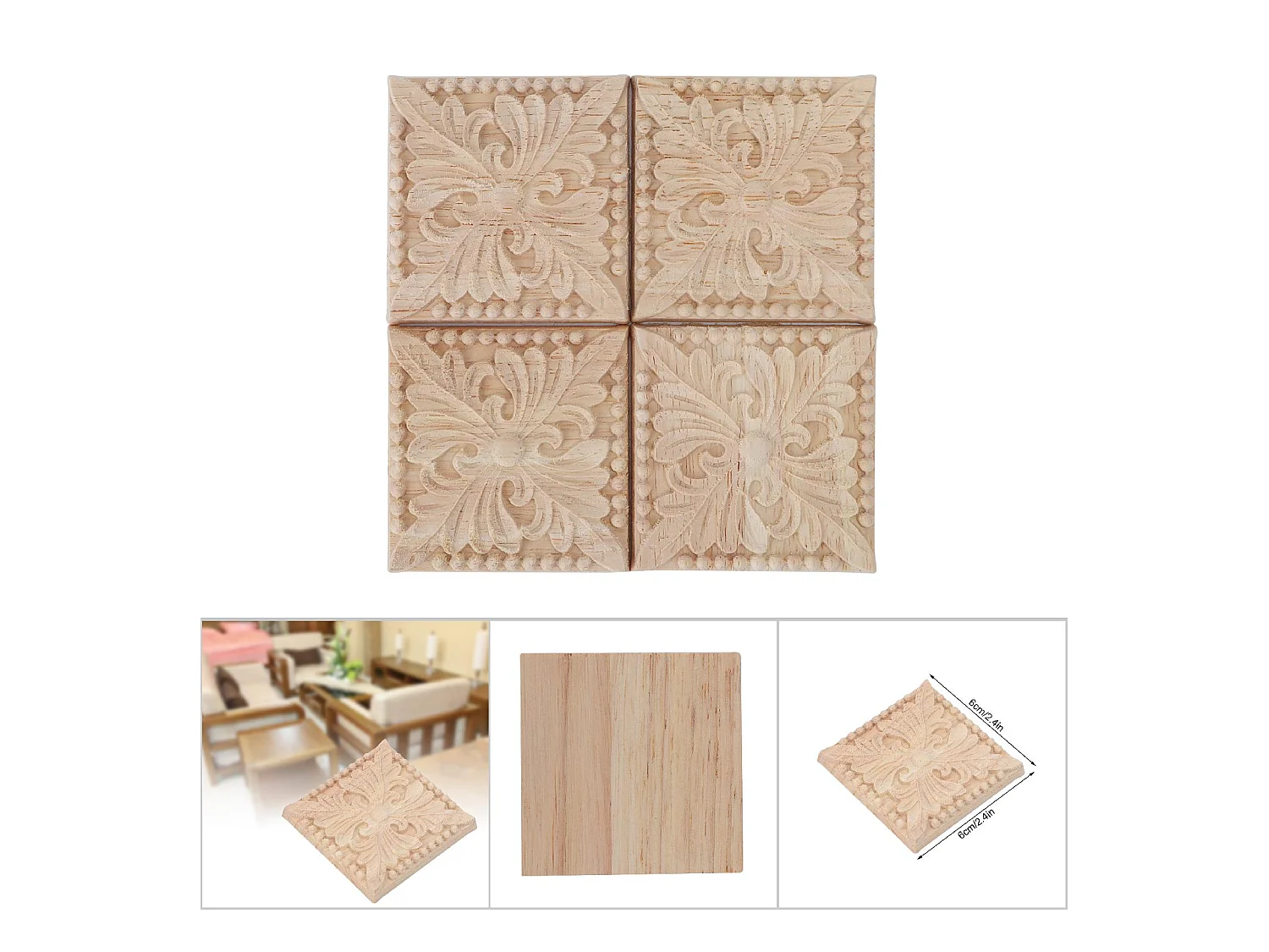 Lot de 4 appliques à carreaux sculptées non peintes pour décoration de meubles (B)