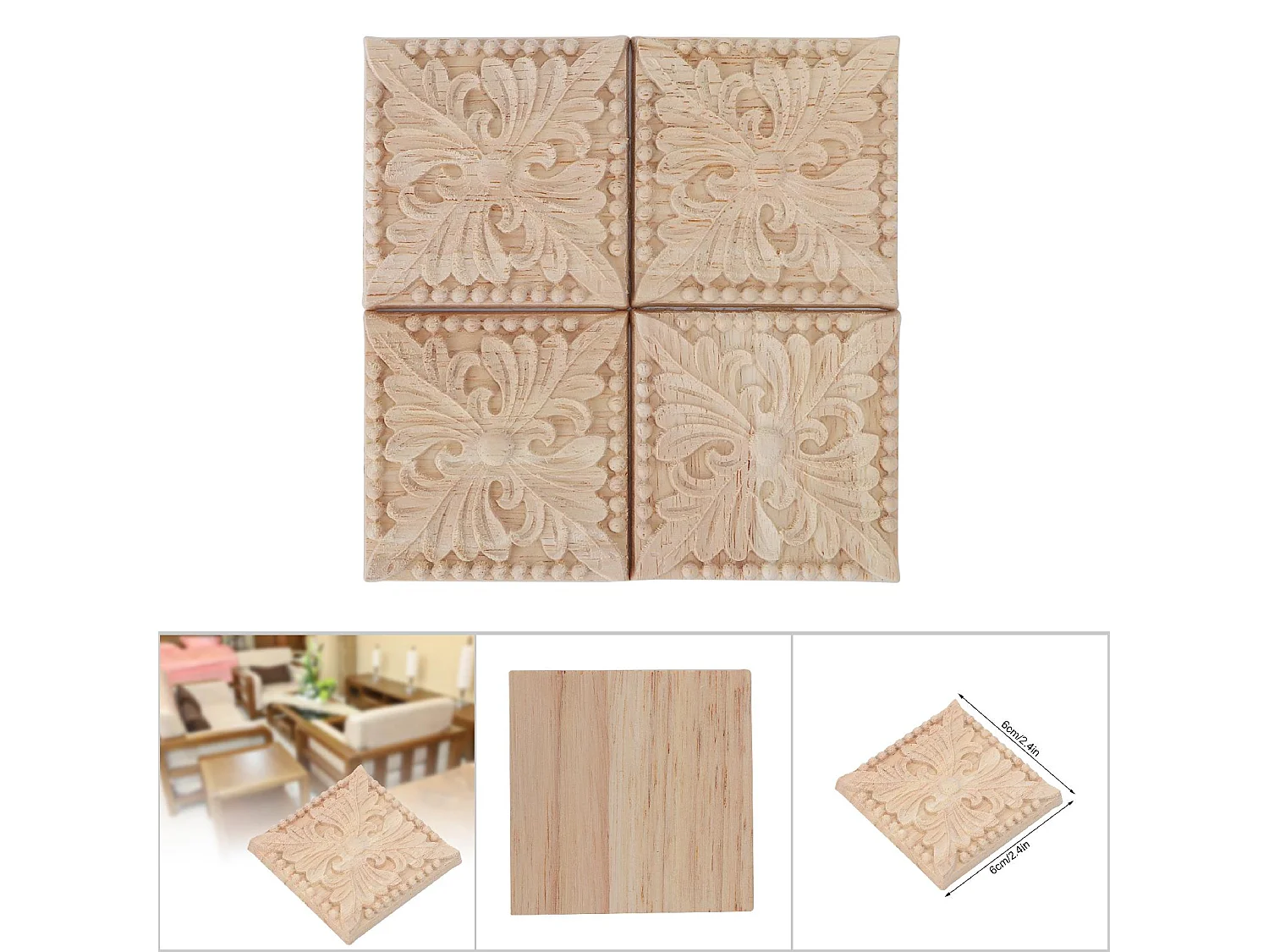 4 pezzi intaglio a scacchi applique non verniciato decalcomania per decorazione mobili (B)