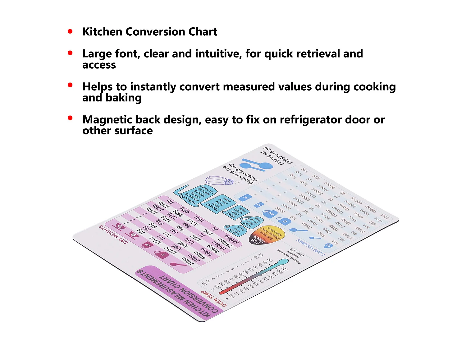 Tableau de conversion de cuisine Guide de température de liquide de poids magnétique Accessoire de cuisine 1 pièce