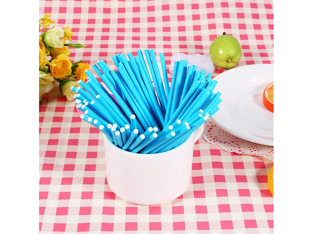 Lot de 100 bâtonnets de sucettes colorés pour bonbons et chocolats, 10 cm, bleu