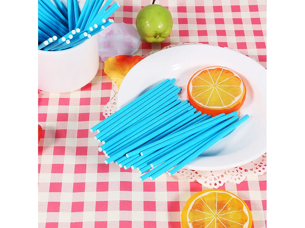 Lot de 100 bâtonnets de sucettes colorés pour bonbons et chocolats, 10 cm, bleu