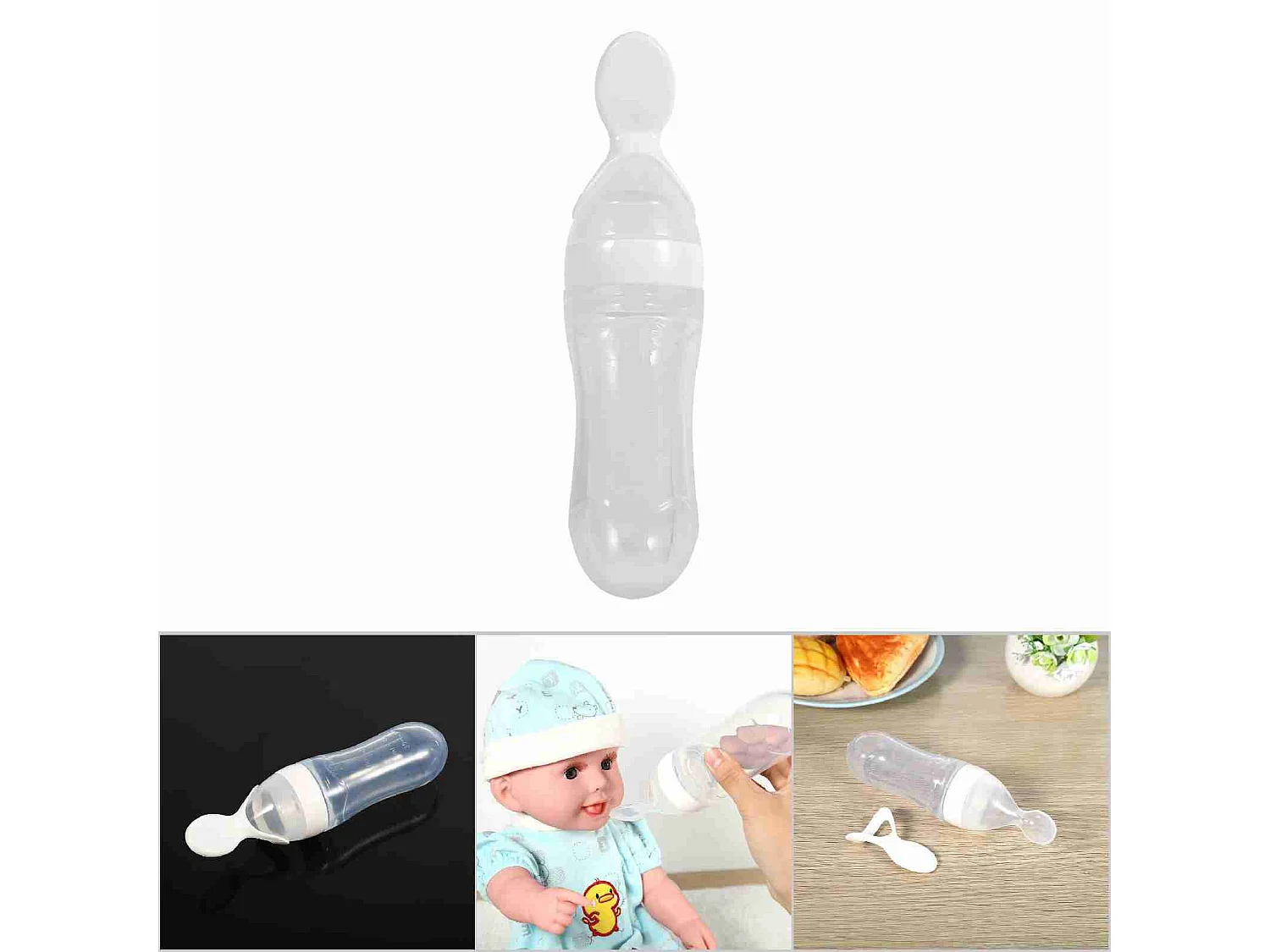 Biberon in silicone per bambini da 90 ml con cucchiaio per alimenti freschi e cereali (bianco)