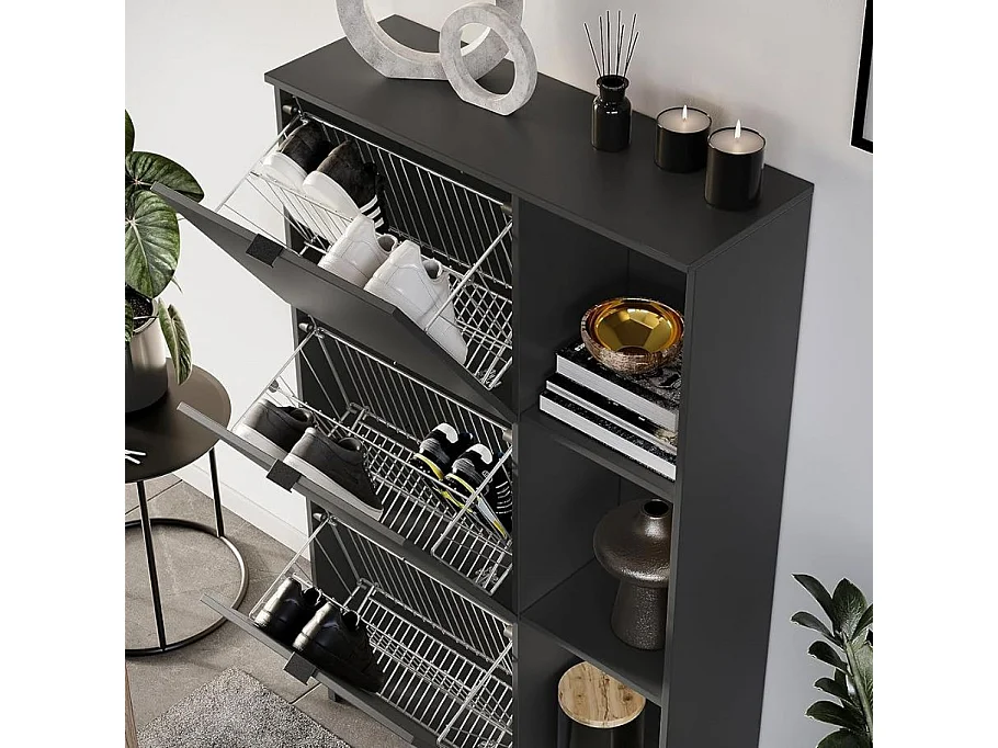 Meuble à chaussures haut - 3 paniers métal - couleur graphite Sarena