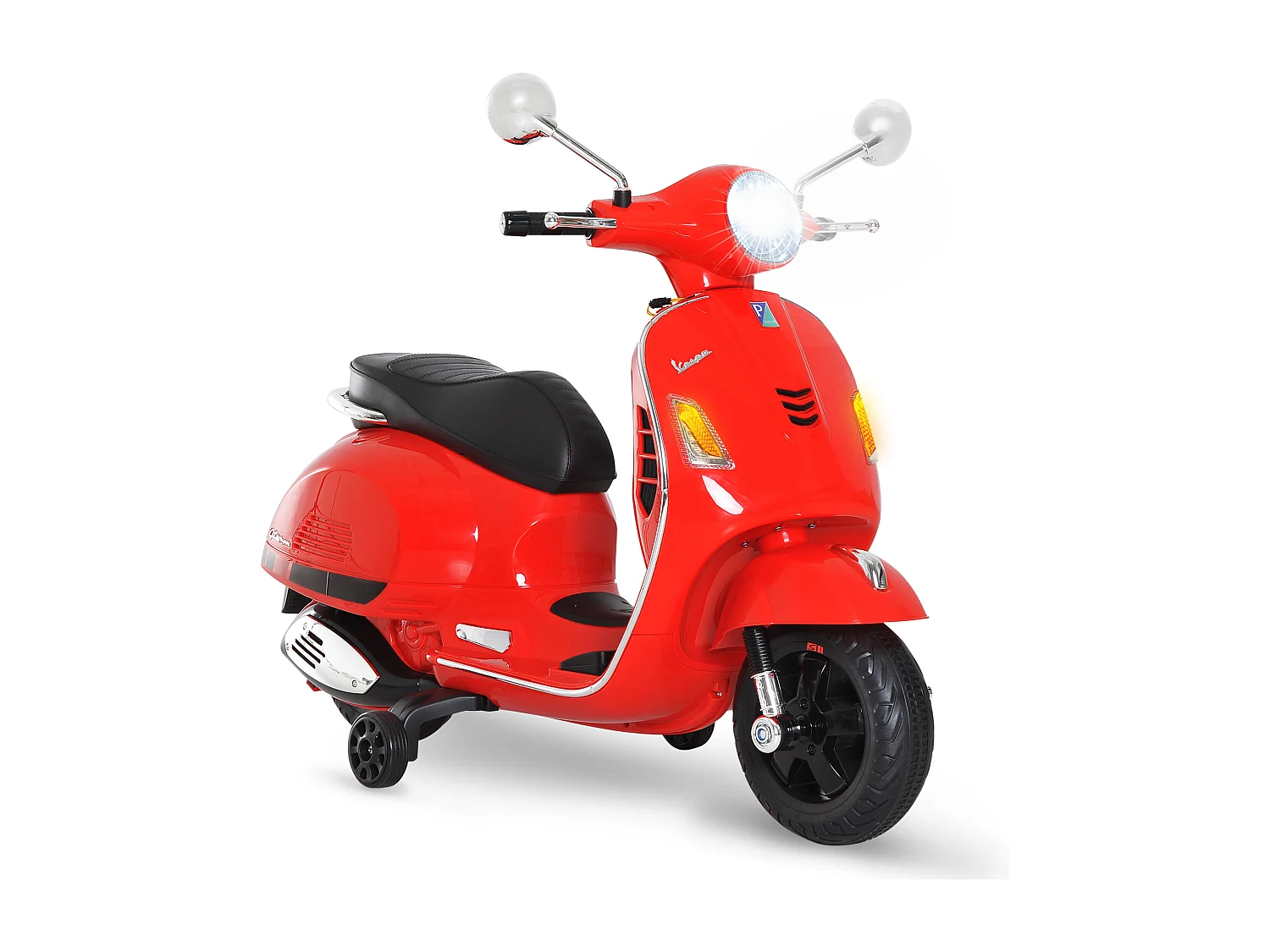 Scooter moto électrique enfants 6 V dim. 102L x 51l x 76H cm musique MP3 port USB klaxon phare feu AR rouge Vespa