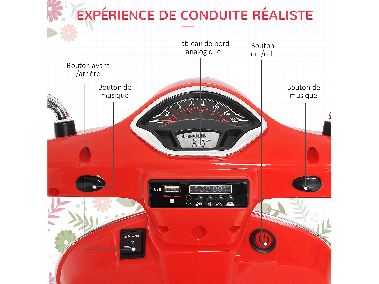 Scooter moto électrique enfants 6 V dim. 102L x 51l x 76H cm musique MP3 port USB klaxon phare feu AR rouge Vespa