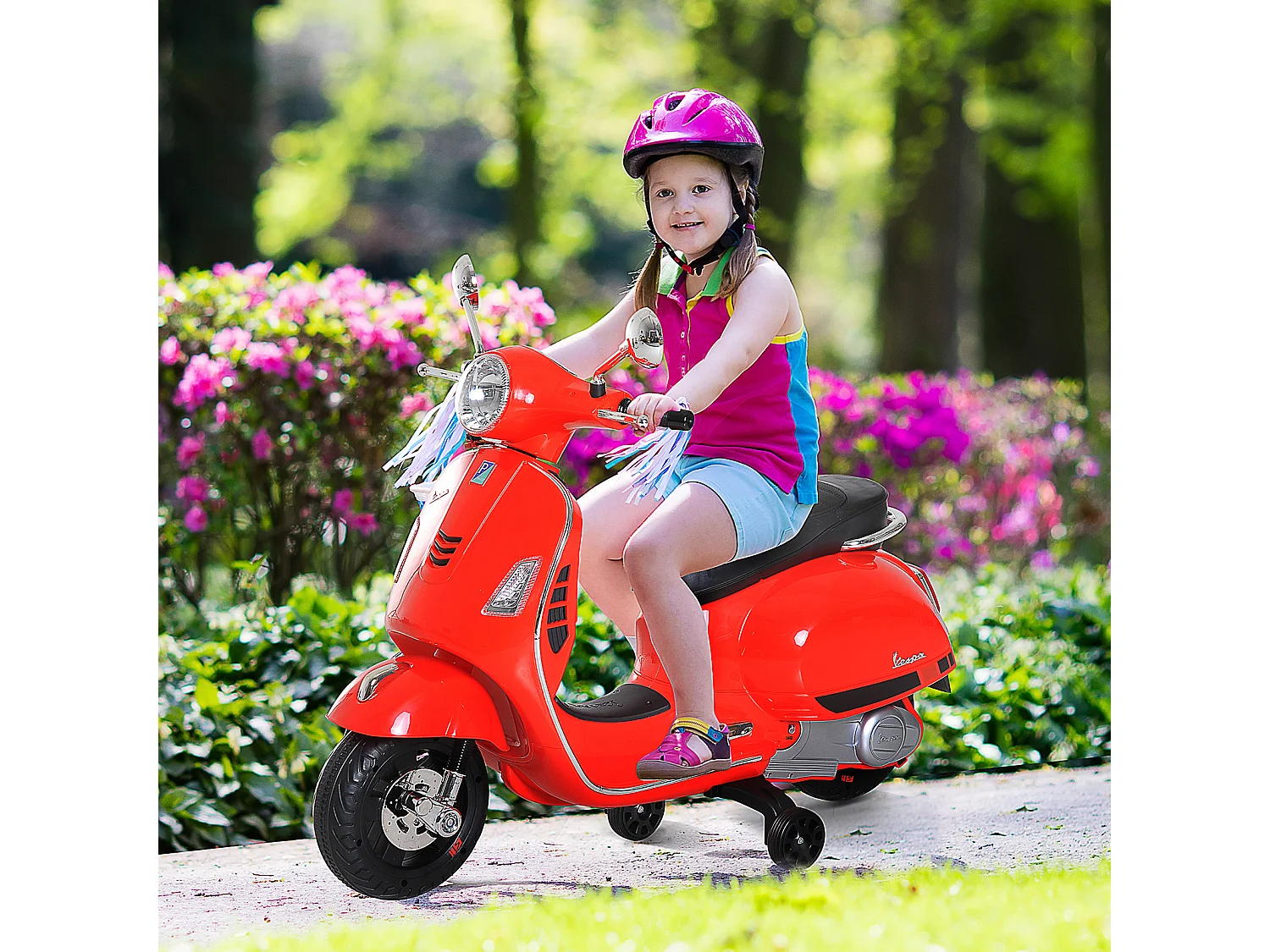 Scooter moto électrique enfants 6 V dim. 102L x 51l x 76H cm musique MP3 port USB klaxon phare feu AR rouge Vespa