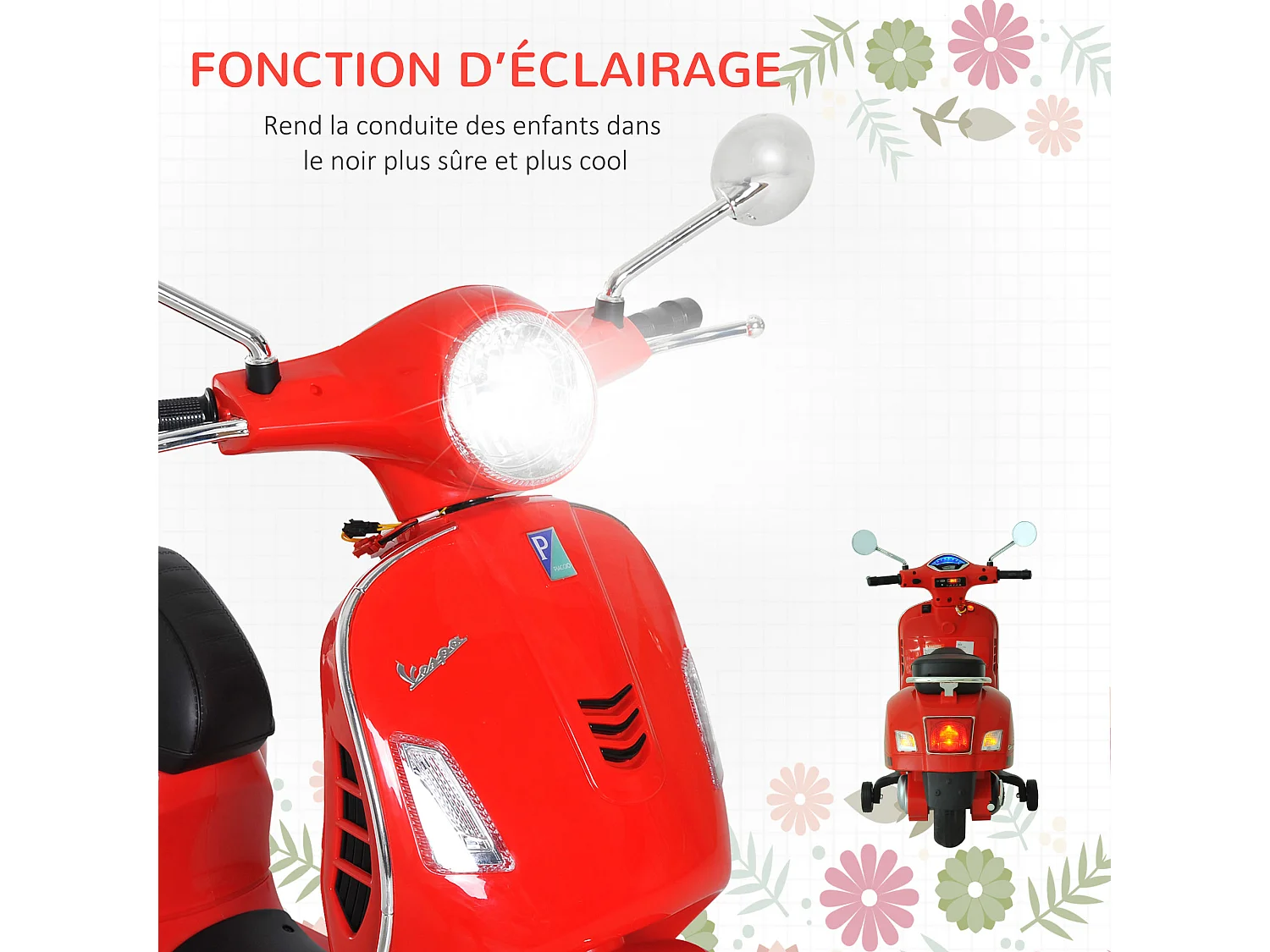 Scooter moto électrique enfants 6 V dim. 102L x 51l x 76H cm musique MP3 port USB klaxon phare feu AR rouge Vespa