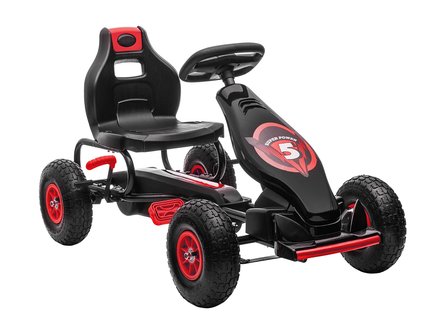 Kart à pédales enfant Go kart Formule 1 Racing Super Power 5 aileron avant pneus gonflables caoutchouc noir rouge