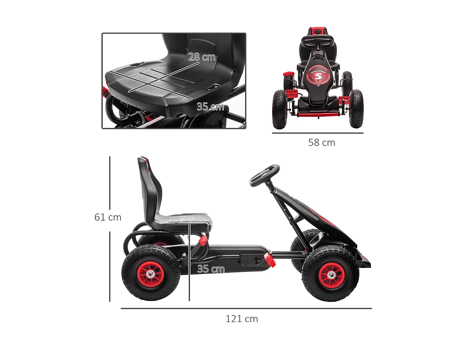 Kart à pédales enfant Go kart Formule 1 Racing Super Power 5 aileron avant pneus gonflables caoutchouc noir rouge