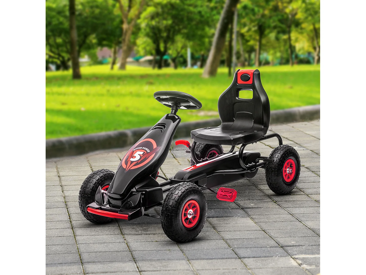 Kart à pédales enfant Go kart Formule 1 Racing Super Power 5 aileron avant pneus gonflables caoutchouc noir rouge