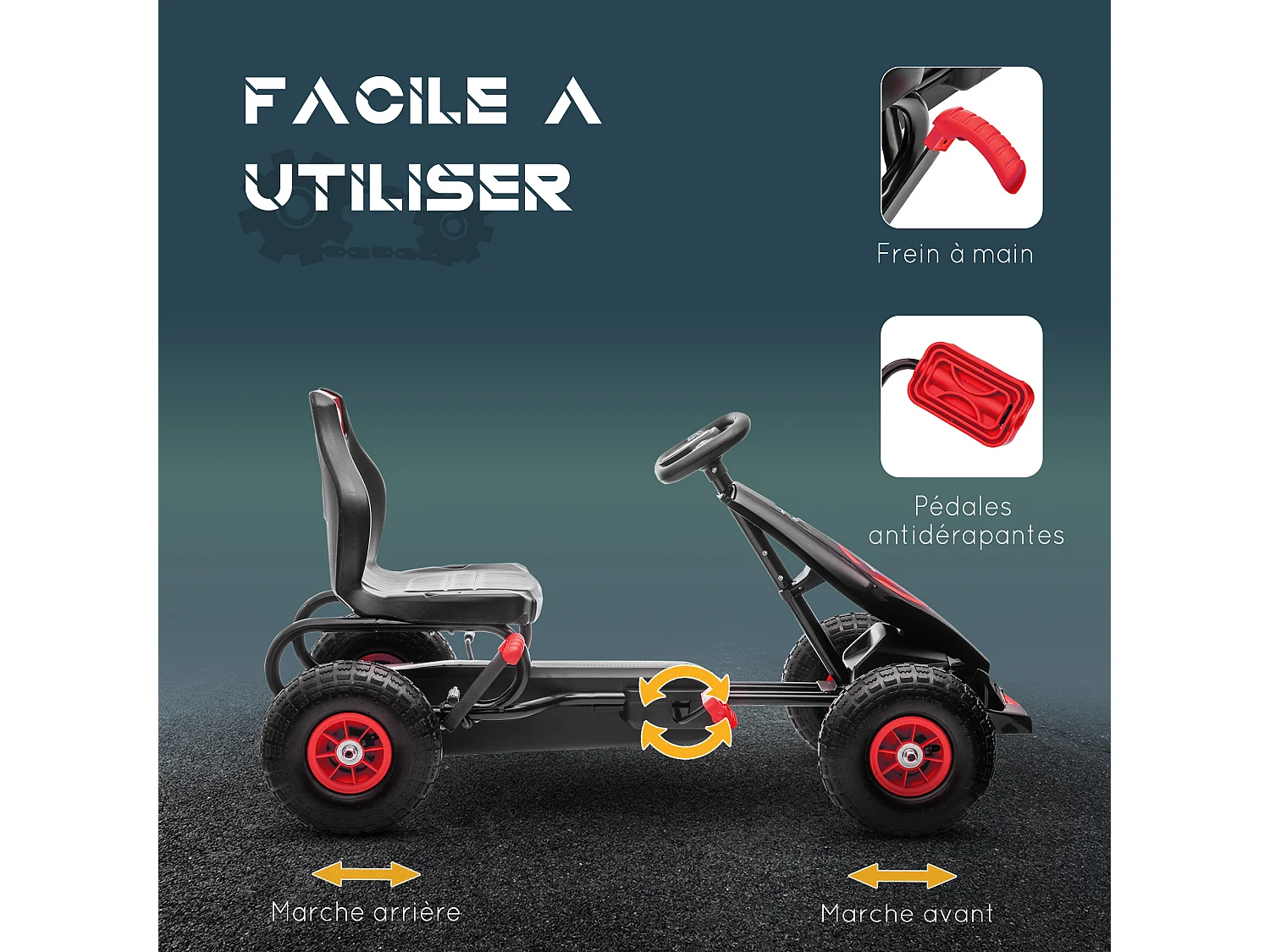 Kart à pédales enfant Go kart Formule 1 Racing Super Power 5 aileron avant pneus gonflables caoutchouc noir rouge