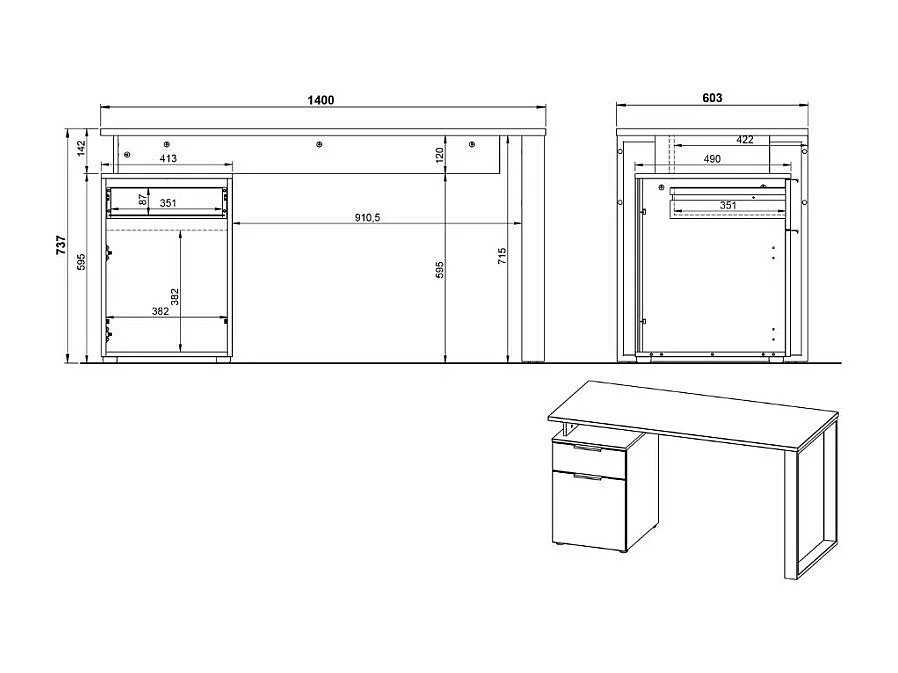 Escritorio recto con pedestal integrado 140 cm Estilo escandinavo Capi