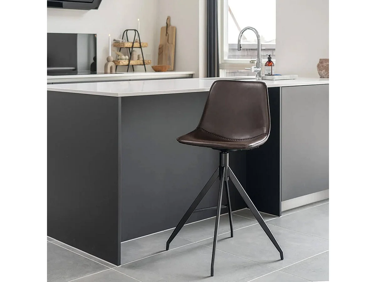 COUNTER - Lot de 4 Chaises Hautes Simili Cuir Marron Pied Pivotant Métal Noir