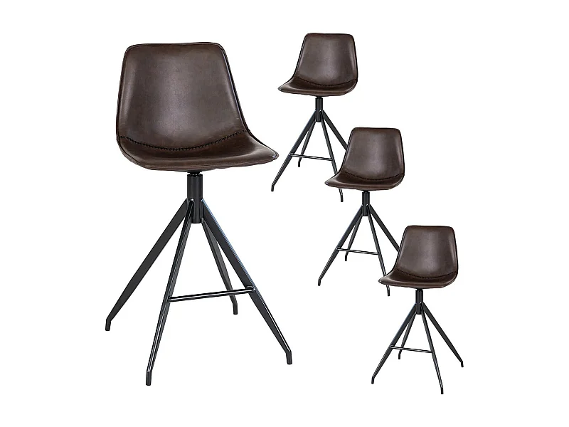COUNTER - Lot de 4 Chaises Hautes Simili Cuir Marron Pied Pivotant Métal Noir