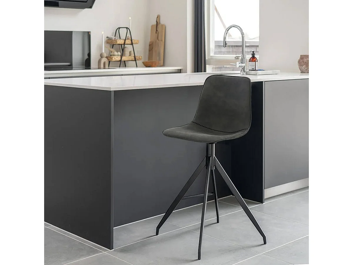 COUNTER - Lot de 4 Chaises Hautes Simili Cuir Gris Pied Pivotant Métal Noir