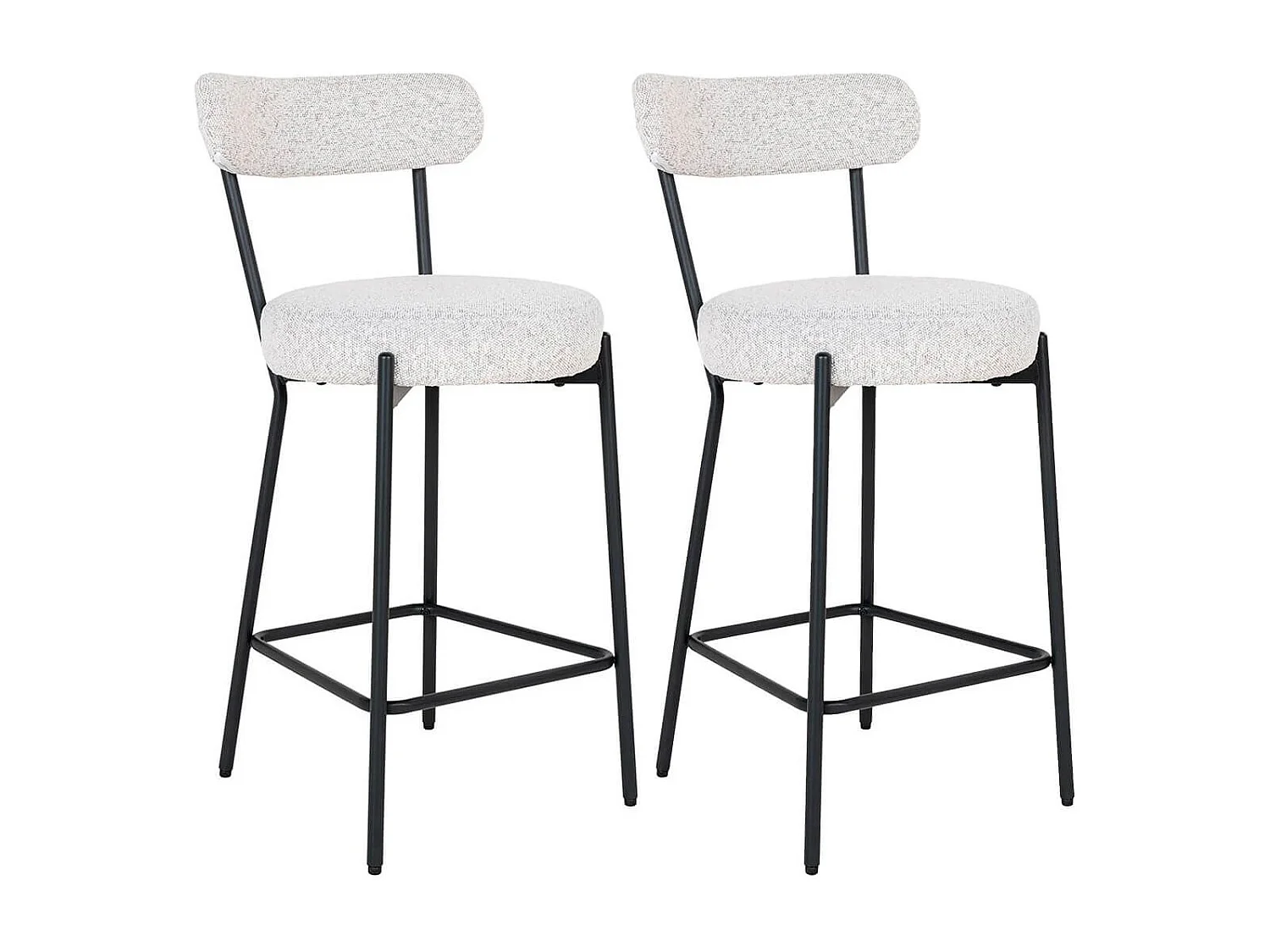 LOANA - Lot de 2 Chaises Hautes Tissu Bouclé Blanc Chiné Dossier et Pieds Métal Noir