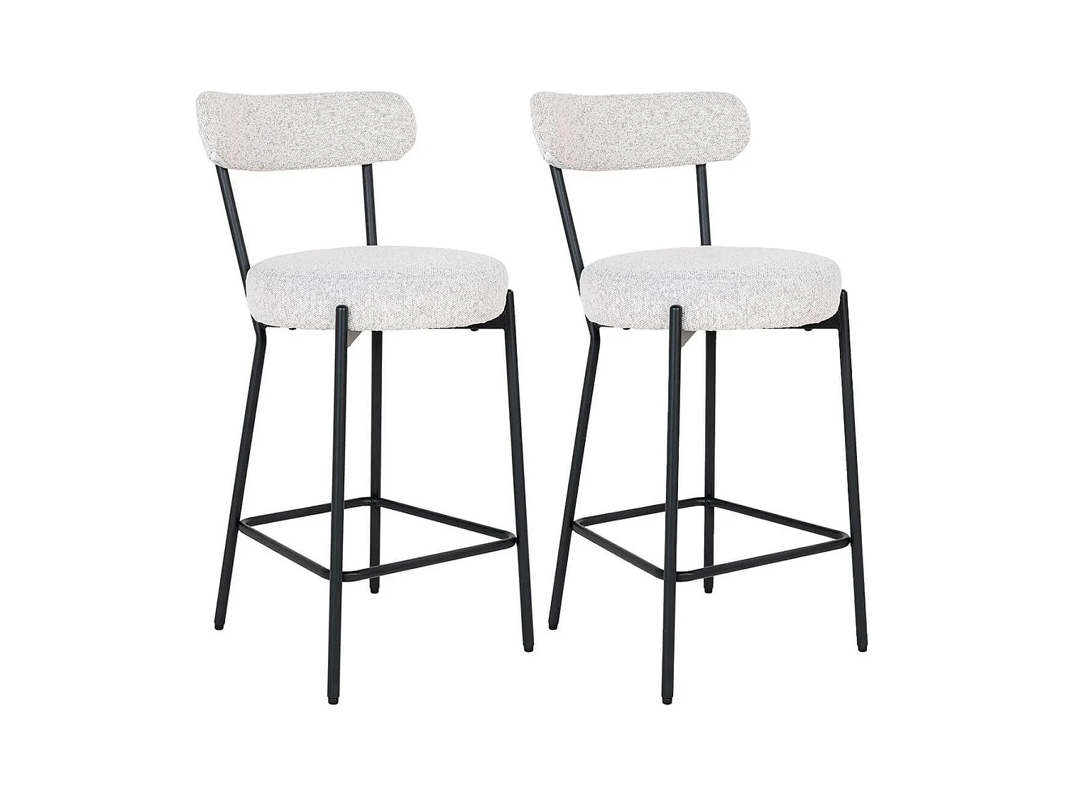 LOANA - Lot de 2 Chaises Hautes Tissu Bouclé Blanc Chiné Dossier et Pieds Métal Noir