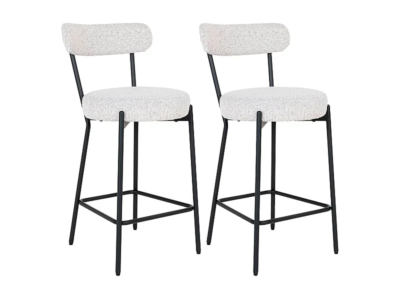 LOANA - Lot de 2 Chaises Hautes Tissu Bouclé Blanc Chiné Dossier et Pieds Métal Noir