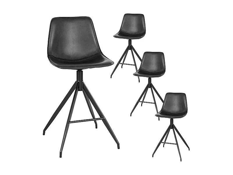 COUNTER - Lot de 4 Chaises Hautes Simili Cuir Noir Pied Pivotant Métal Noir