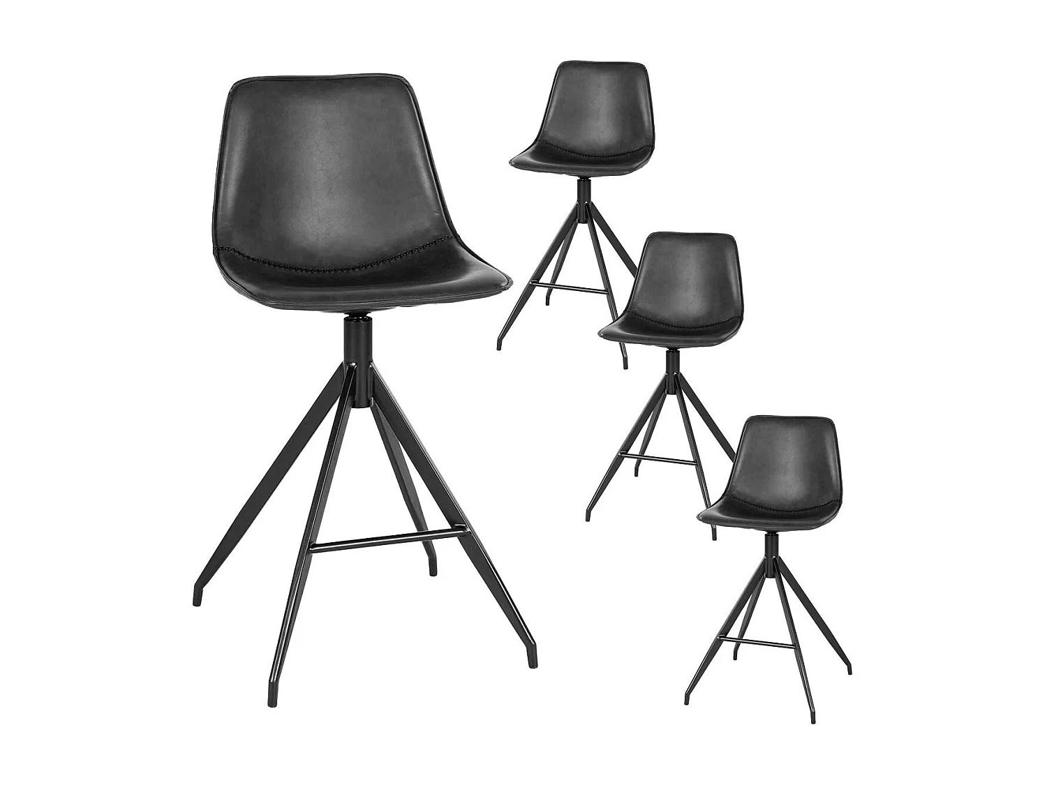 COUNTER - Lot de 4 Chaises Hautes Simili Cuir Noir Pied Pivotant Métal Noir