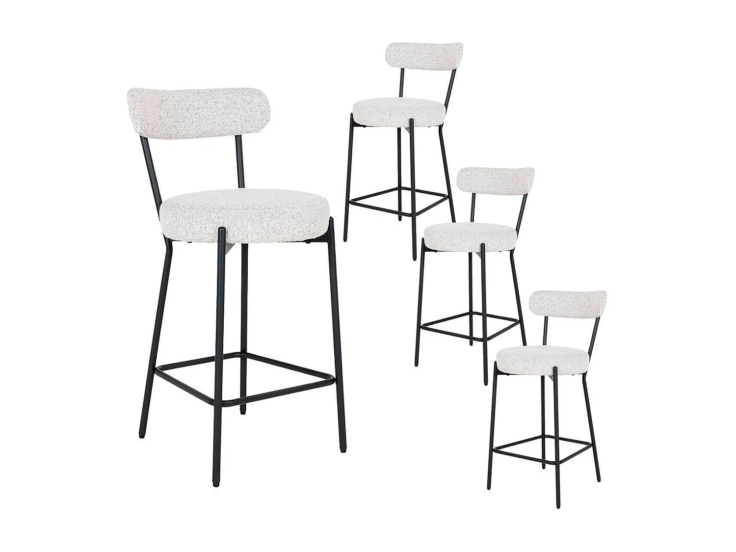 LOANA - Lot de 4 Chaises Hautes Tissu Bouclé Blanc Chiné Dossier et Pieds Métal Noir