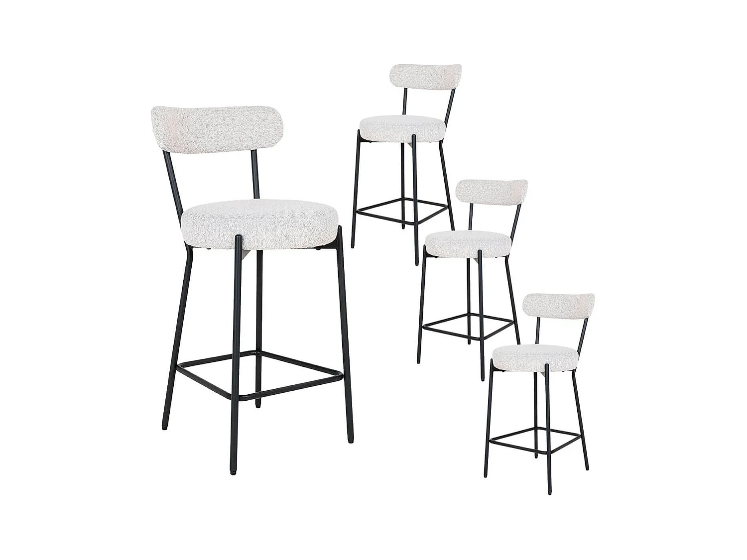 LOANA - Lot de 4 Chaises Hautes Tissu Bouclé Blanc Chiné Dossier et Pieds Métal Noir