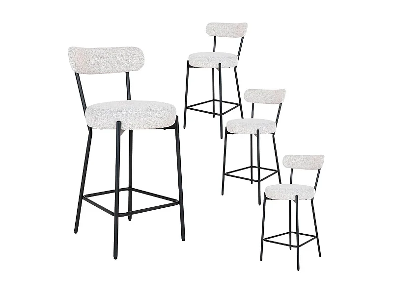 LOANA - Lot de 4 Chaises Hautes Tissu Bouclé Blanc Chiné Dossier et Pieds Métal Noir