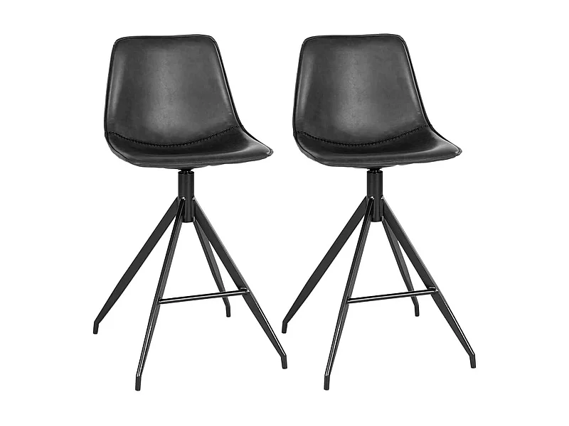 COUNTER - Lot de 2 Chaises Hautes Simili Cuir Noir Pied Pivotant Métal Noir