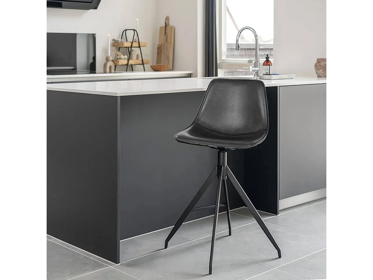 COUNTER - Lot de 2 Chaises Hautes Simili Cuir Noir Pied Pivotant Métal Noir