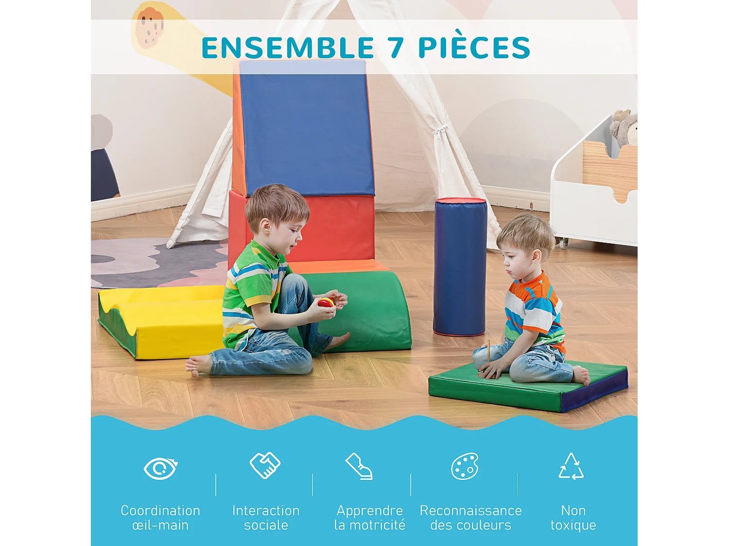 7 blocs de construction en mousse XXL - modules de motricité - jouets éducatifs - certifiés normes EN71-1-2-3 - mousse EPE revêtement PU multicolore