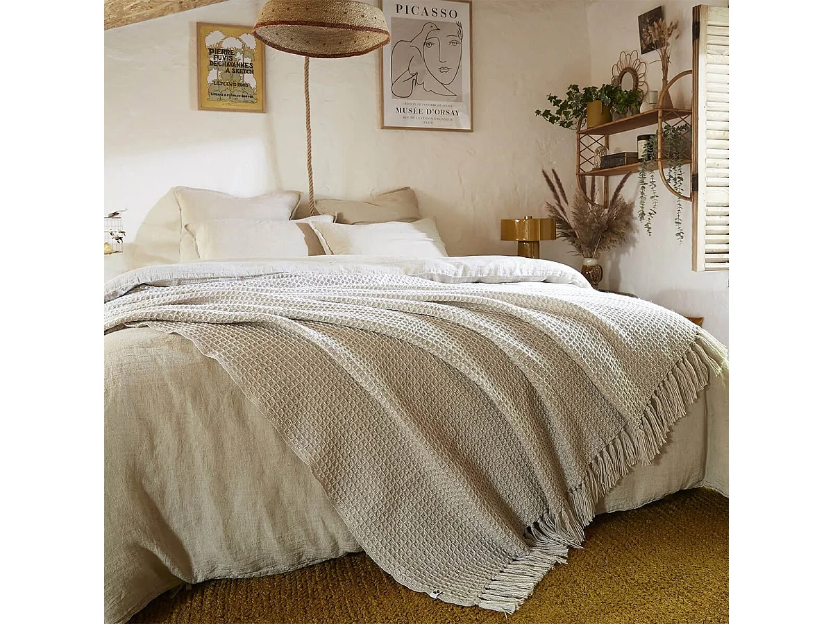 KARL - Couvre-lit à Franges 100% Recyclé Tissage Nid d'abeilles 240x260cm Pampa