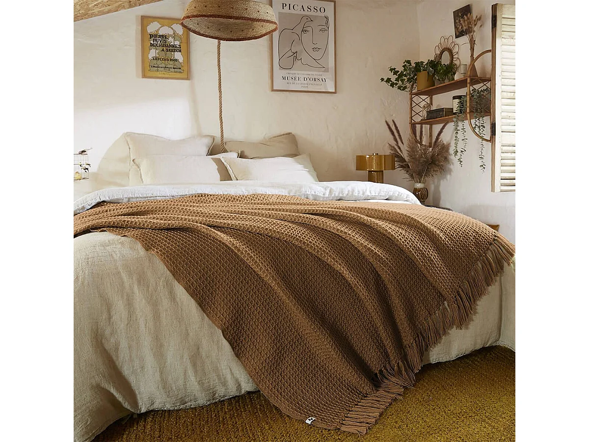 KARL - Couvre-lit à Franges 100% Recyclé Tissage Nid d'abeilles 240x260cm Camel