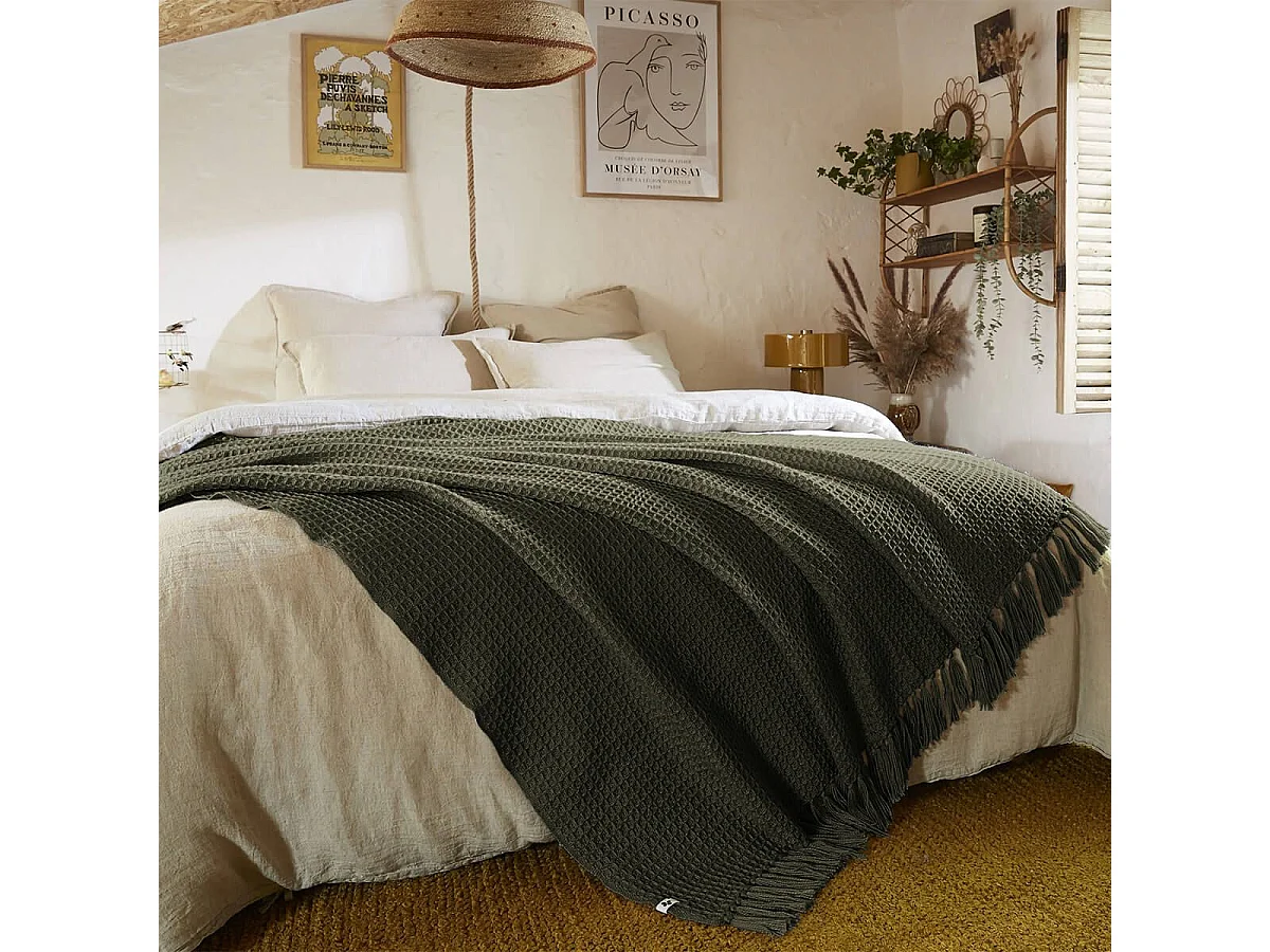 KARL - Couvre-lit à Franges 100% Recyclé Tissage Nid d'abeilles 240x260cm Thym
