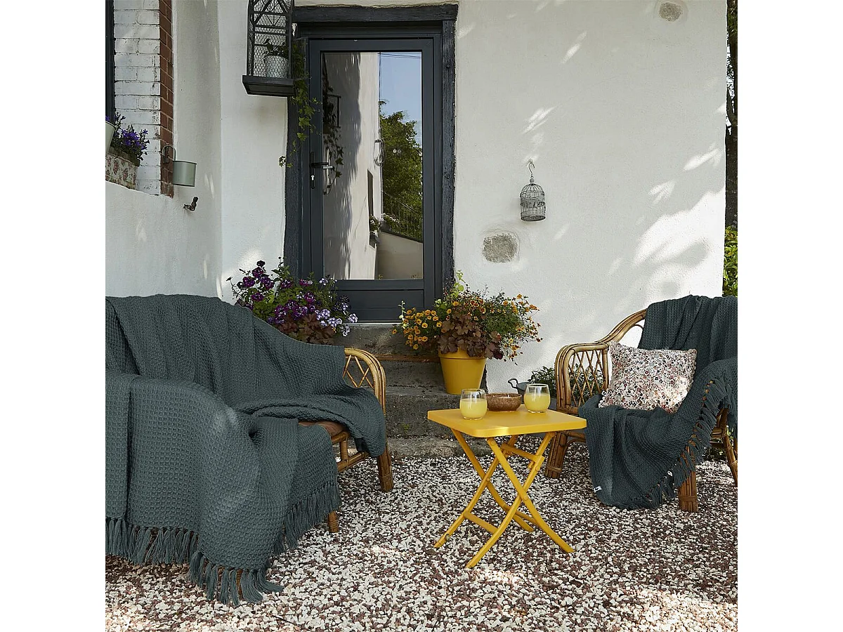 KARL - Couvre-lit à Franges 100% Recyclé Tissage Nid d'abeilles 240x260cm Ardoise