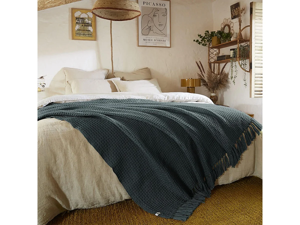 KARL - Couvre-lit à Franges 100% Recyclé Tissage Nid d'abeilles 240x260cm Ardoise