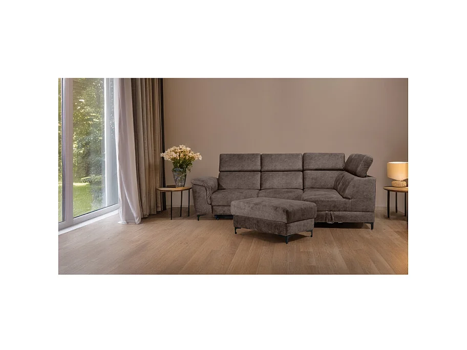 Canapé angle droit convertible coffre pouf microfibre marron – MERRIN