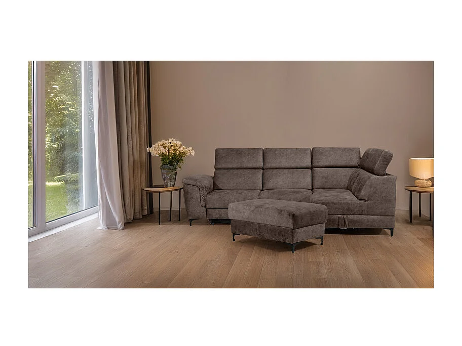 Canapé angle droit convertible coffre pouf microfibre marron – MERRIN