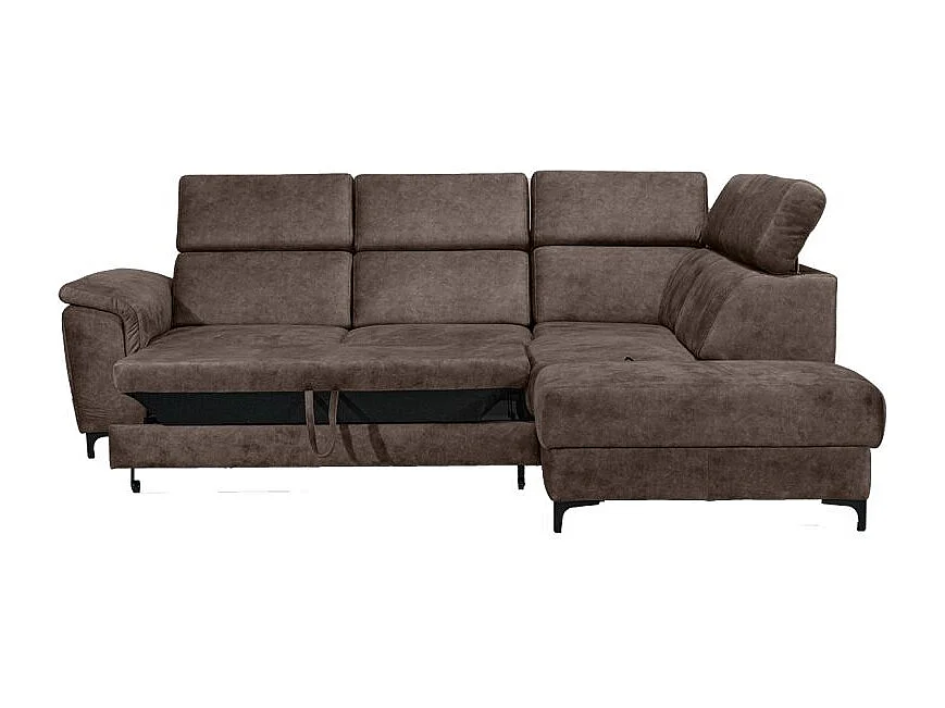 Canapé angle droit convertible coffre pouf microfibre marron – MERRIN