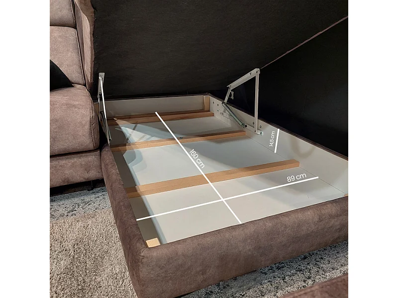 Canapé angle droit convertible coffre pouf microfibre marron – MERRIN