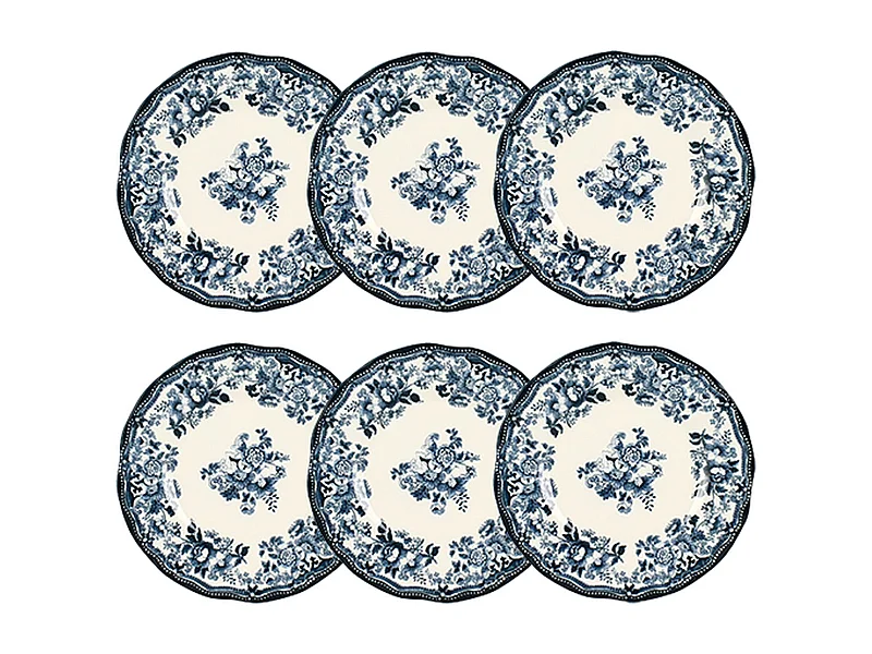 Novastyl - Lot 6 Assiettes Desserts En Porcelaine Bleu Faustine 20cm