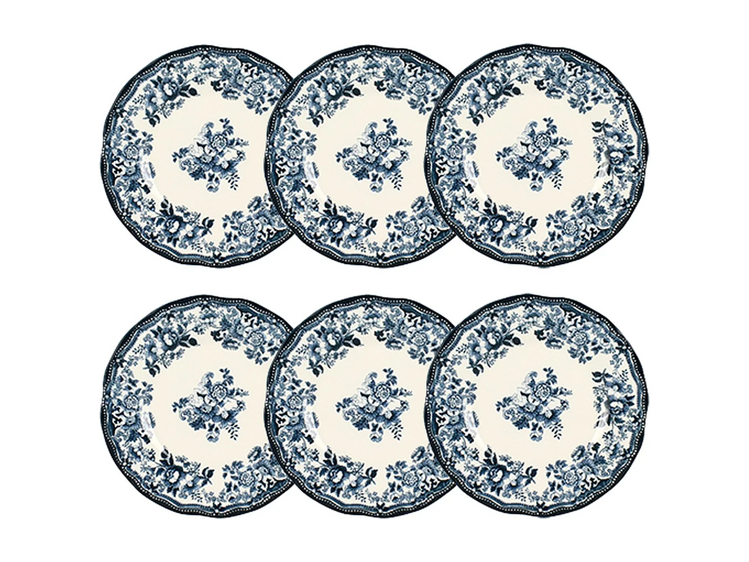 Novastyl - Lot 6 Assiettes Desserts En Porcelaine Bleu Faustine 20cm