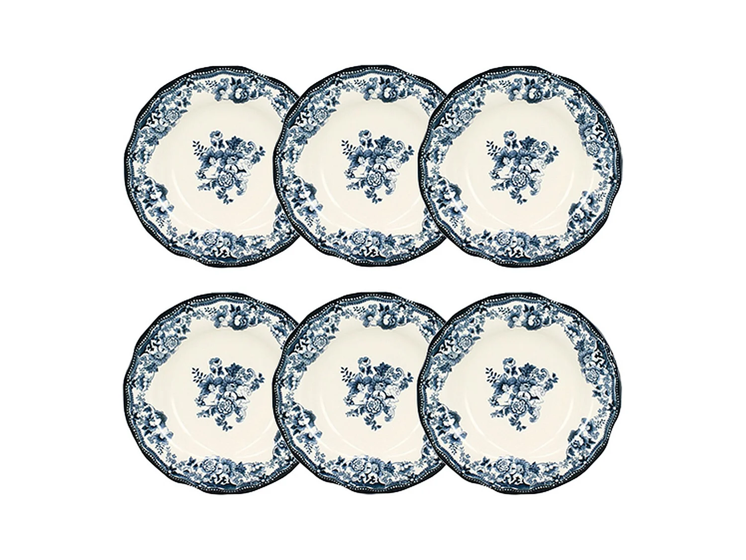 Novastyl - Lot 6 Assiettes Creuses En Porcelaine Bleu Faustine 22cm