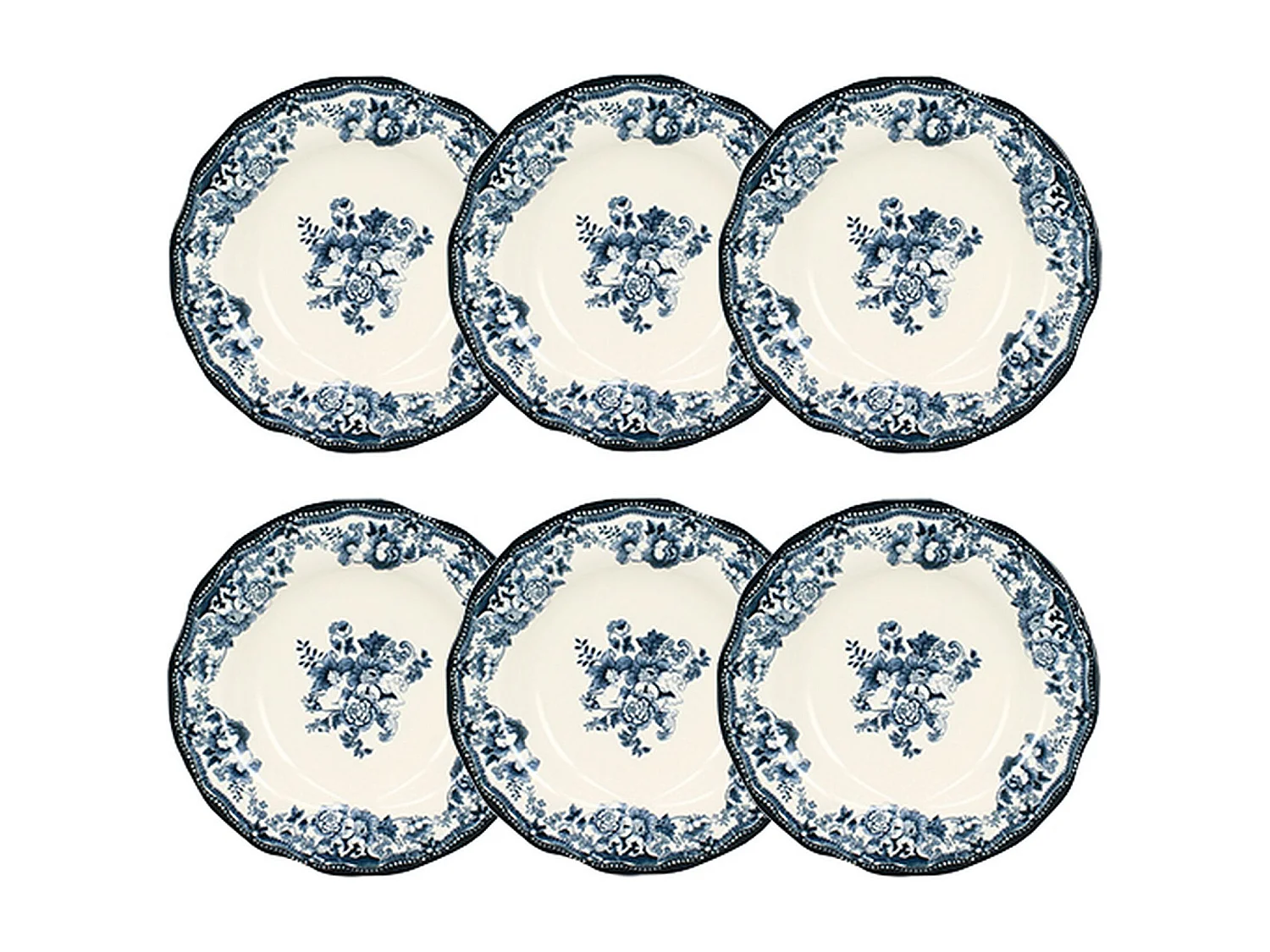 Novastyl - Lot 6 Assiettes Creuses En Porcelaine Bleu Faustine 22cm