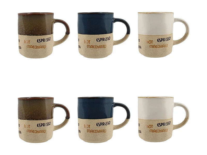 Novastyl - Lot 6 Mugs Macchiato 34cl En Ceramiques 3 Couleurs Assorties