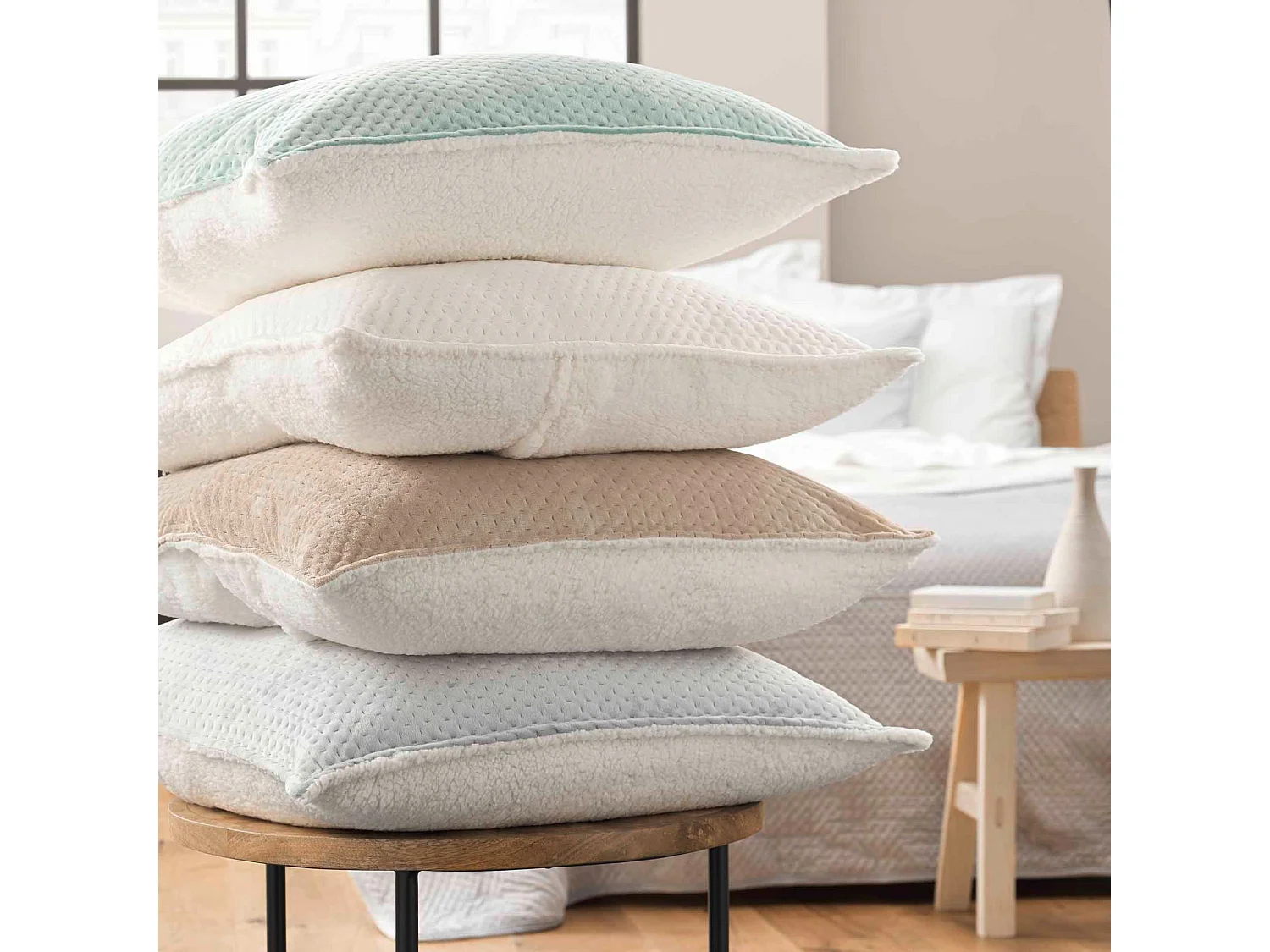 Couvre-lit velours relief/sherpa Mylene Naturel