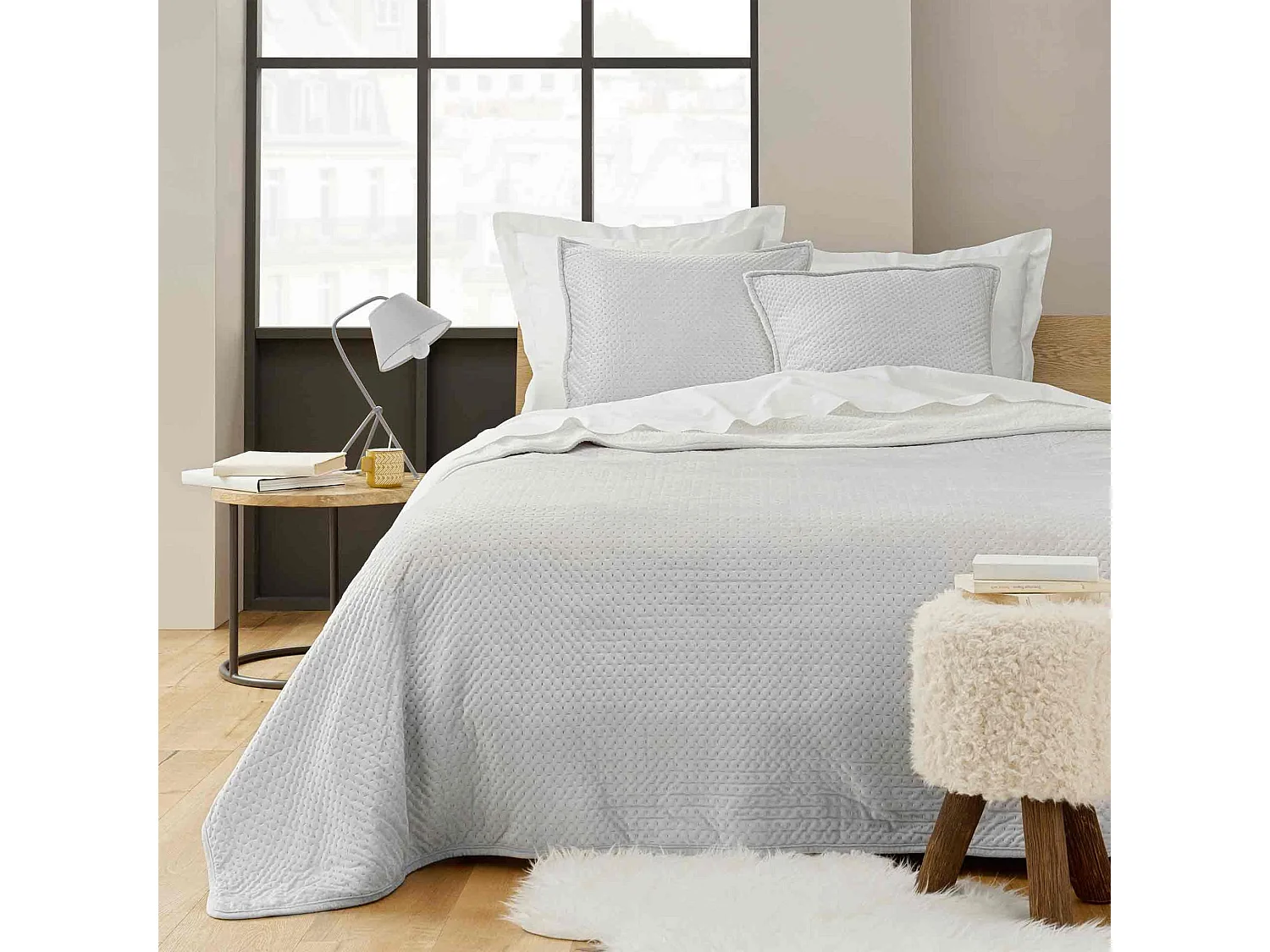 Couvre-lit velours relief/sherpa Mylene Gris